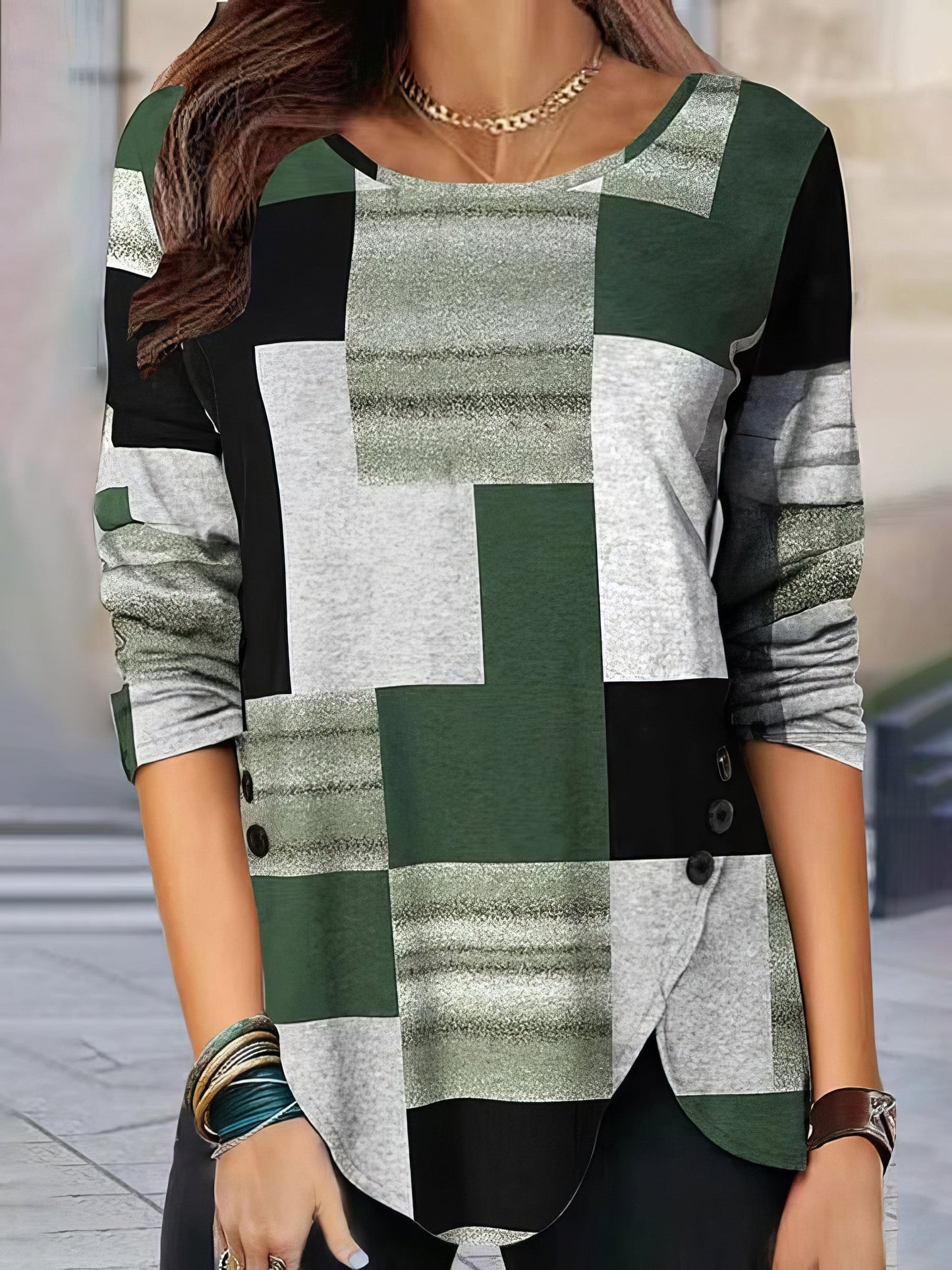 Loose Fit Plaid Round Neck Long Sleeve Tee