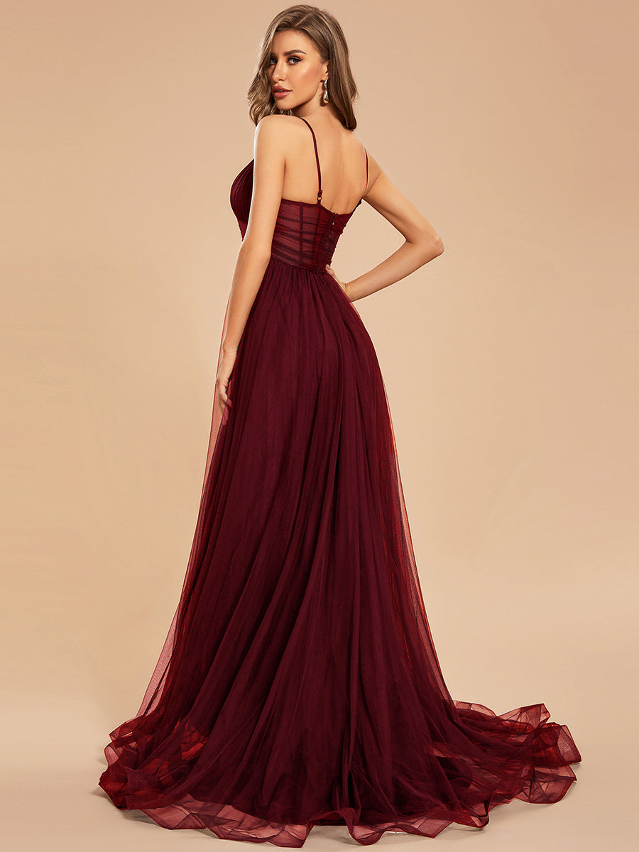 See Through Spaghetti Strap High Split Tulle Wholesale Evening Dress