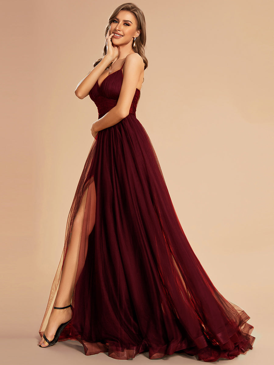 See Through Spaghetti Strap High Split Tulle Wholesale Evening Dress