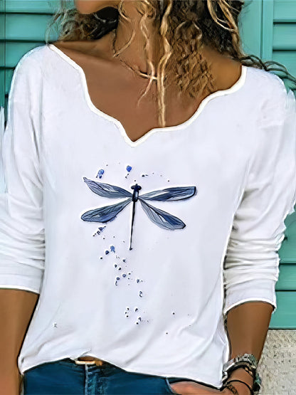 Dragonfly Printed White V Neck Long Sleeve T-shirt