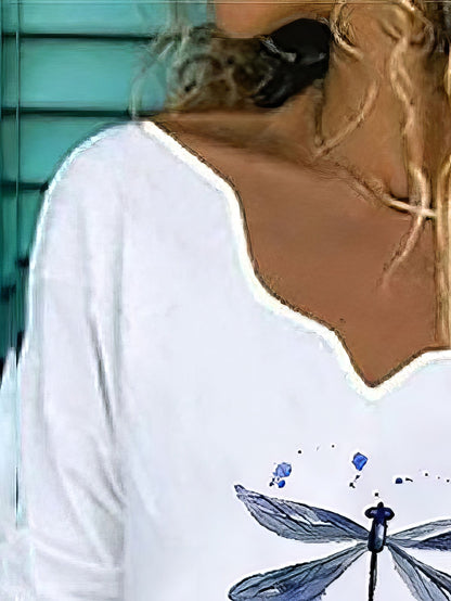 Dragonfly Printed White V Neck Long Sleeve T-shirt