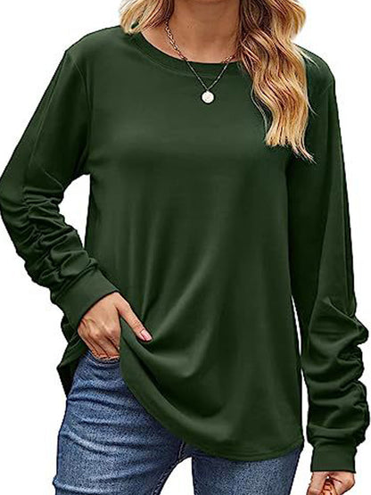 T-Shirts - Ruched Lightweight Crewneck Long Sleeve T-Shirt - MsDressly