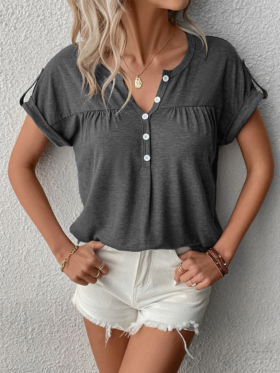 T-Shirts - Solid Color With Button Accents Elegant And Tempting Style T Shirt - MsDressly