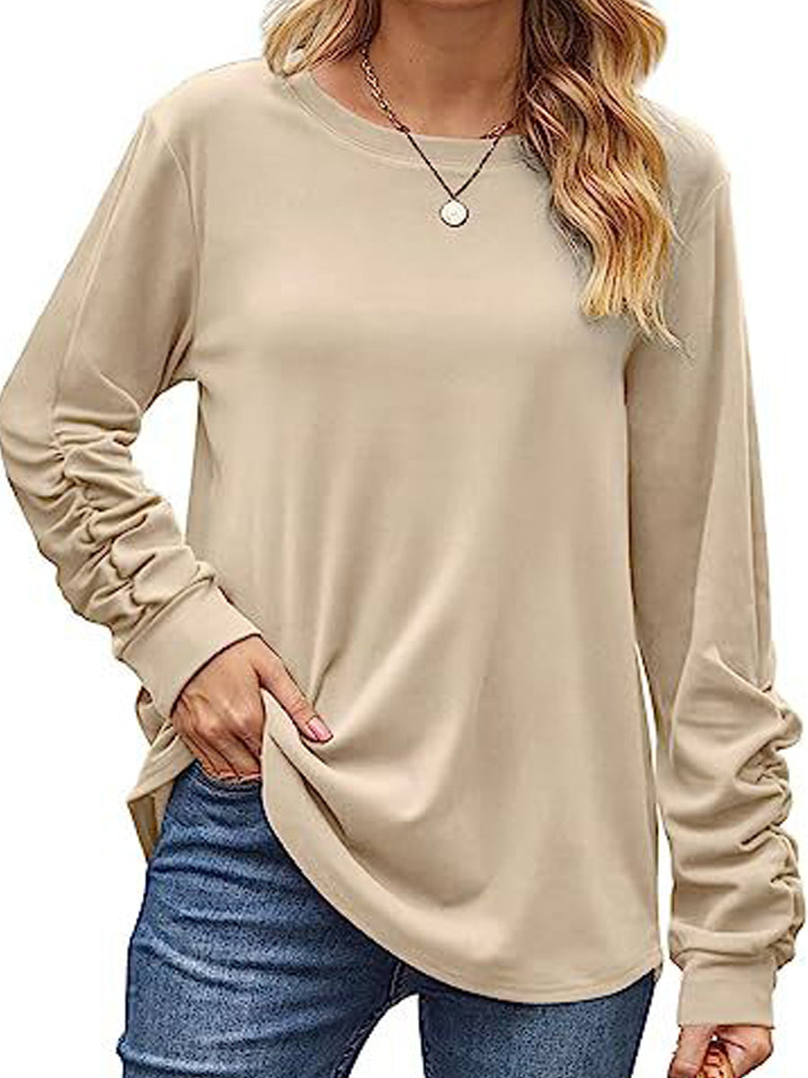 T-Shirts - Ruched Lightweight Crewneck Long Sleeve T-Shirt - MsDressly