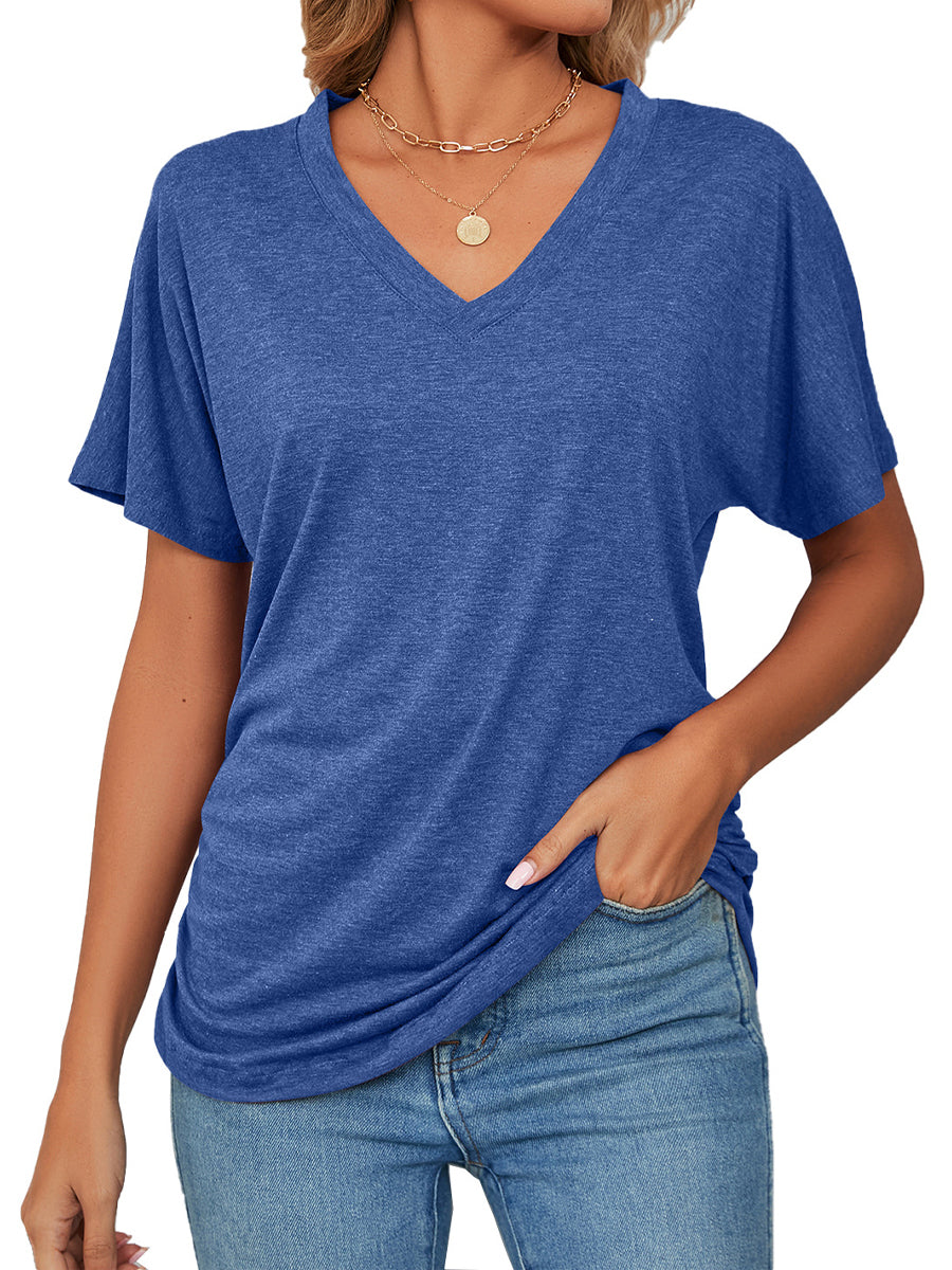 T-Shirts - Casual V Neck Short Sleeve Solid Color Basic T-Shirt - MsDressly