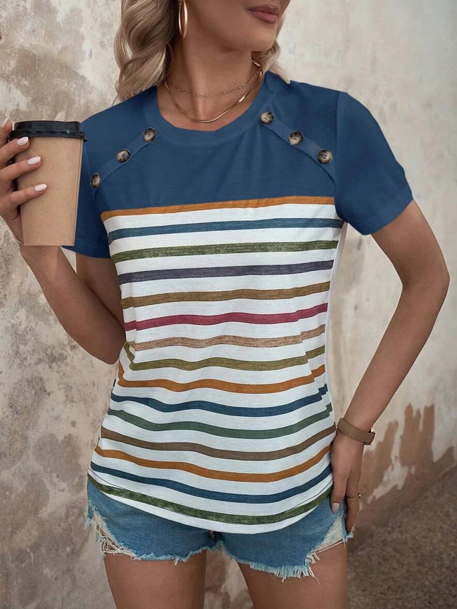 T-Shirts - Stripe Stitching Button Print Casual Short Sleeve T-Shirt - MsDressly