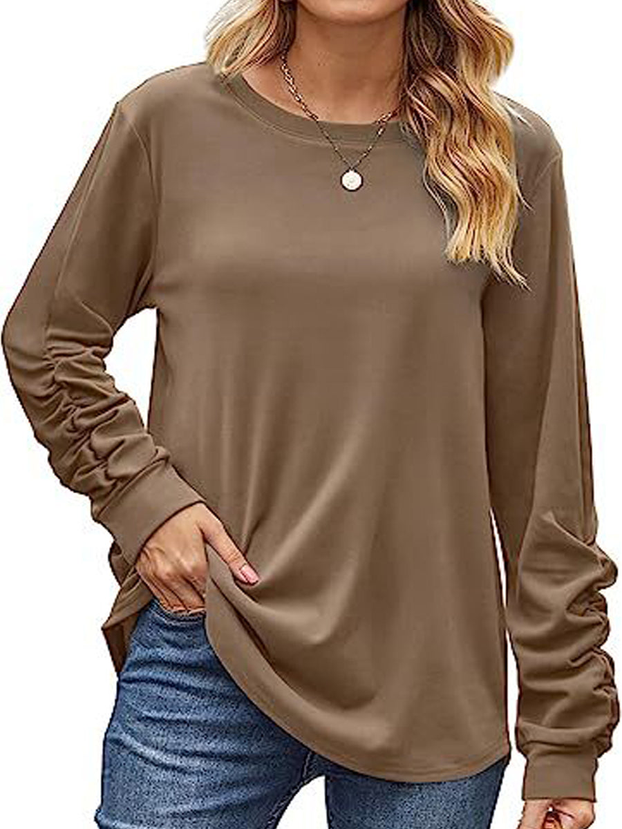 T-Shirts - Ruched Lightweight Crewneck Long Sleeve T-Shirt - MsDressly