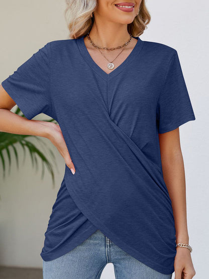 Casual And Vibrant Multicolor Knotted Short Sleeve V Neck T Shirt