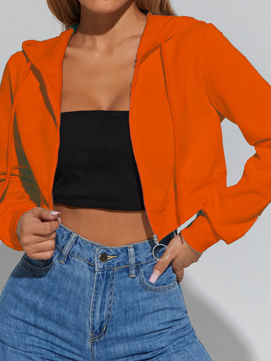 Zip Up Cropped Drawstring Casual Long Sleeve Hoodie