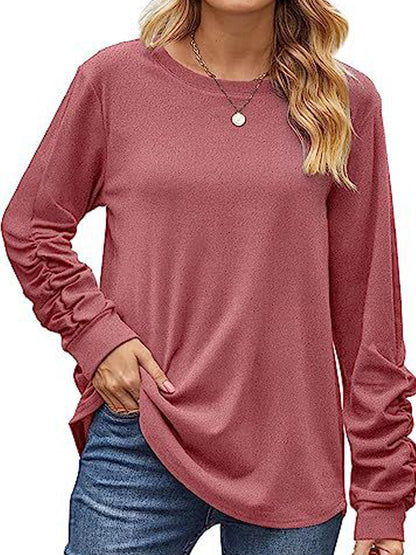 T-Shirts - Ruched Lightweight Crewneck Long Sleeve T-Shirt - MsDressly