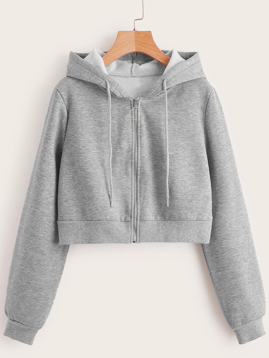 Hoodies - Zip Up Cropped Drawstring Casual Long Sleeve Hoodie - MsDressly