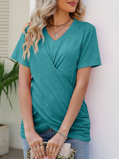 T-Shirts - Casual And Vibrant Multicolor Knotted Short Sleeve V Neck T Shirt - MsDressly