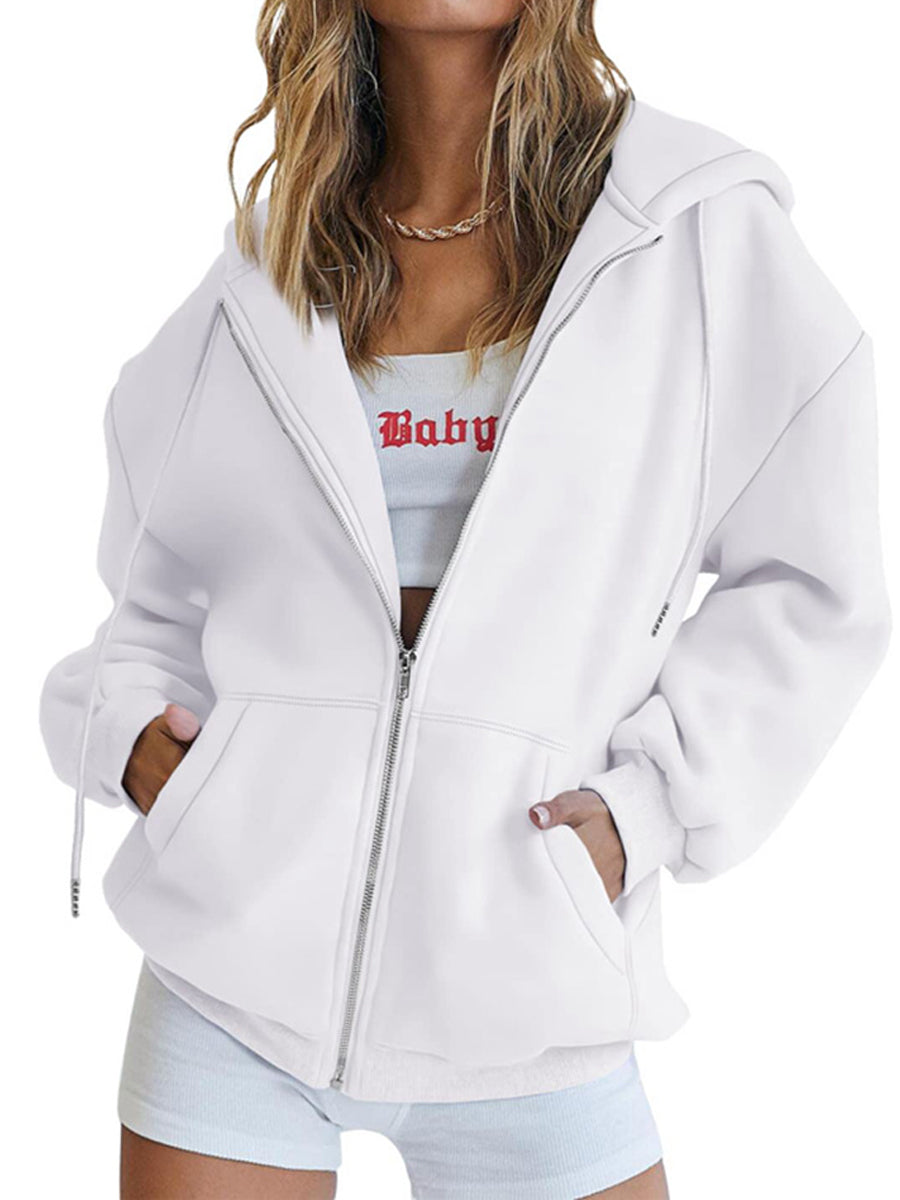 Zip Up Oversized Cute Casual Drawstring With Pockets Hoodie