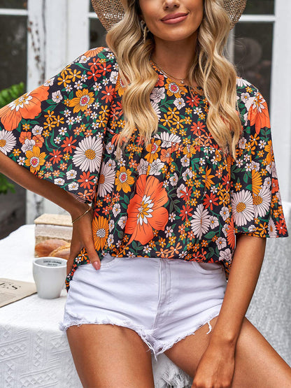 T-Shirts - Fashion Casual Floral Print Loose Short Sleeve T-Shirt - MsDressly