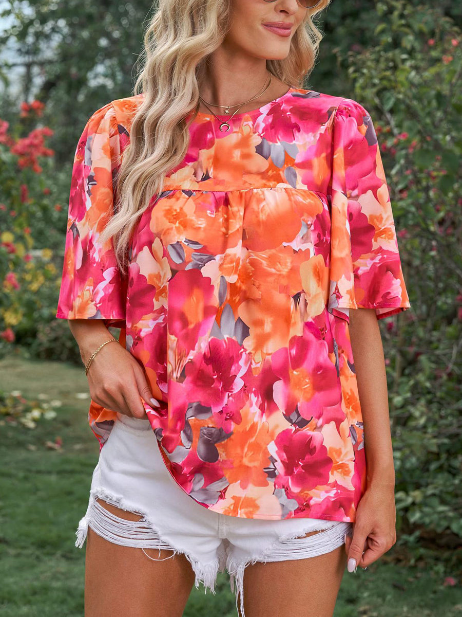 T-Shirts - Fashion Casual Floral Print Loose Short Sleeve T-Shirt - MsDressly