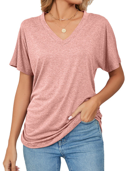 T-Shirts - Casual V Neck Short Sleeve Solid Color Basic T-Shirt - MsDressly