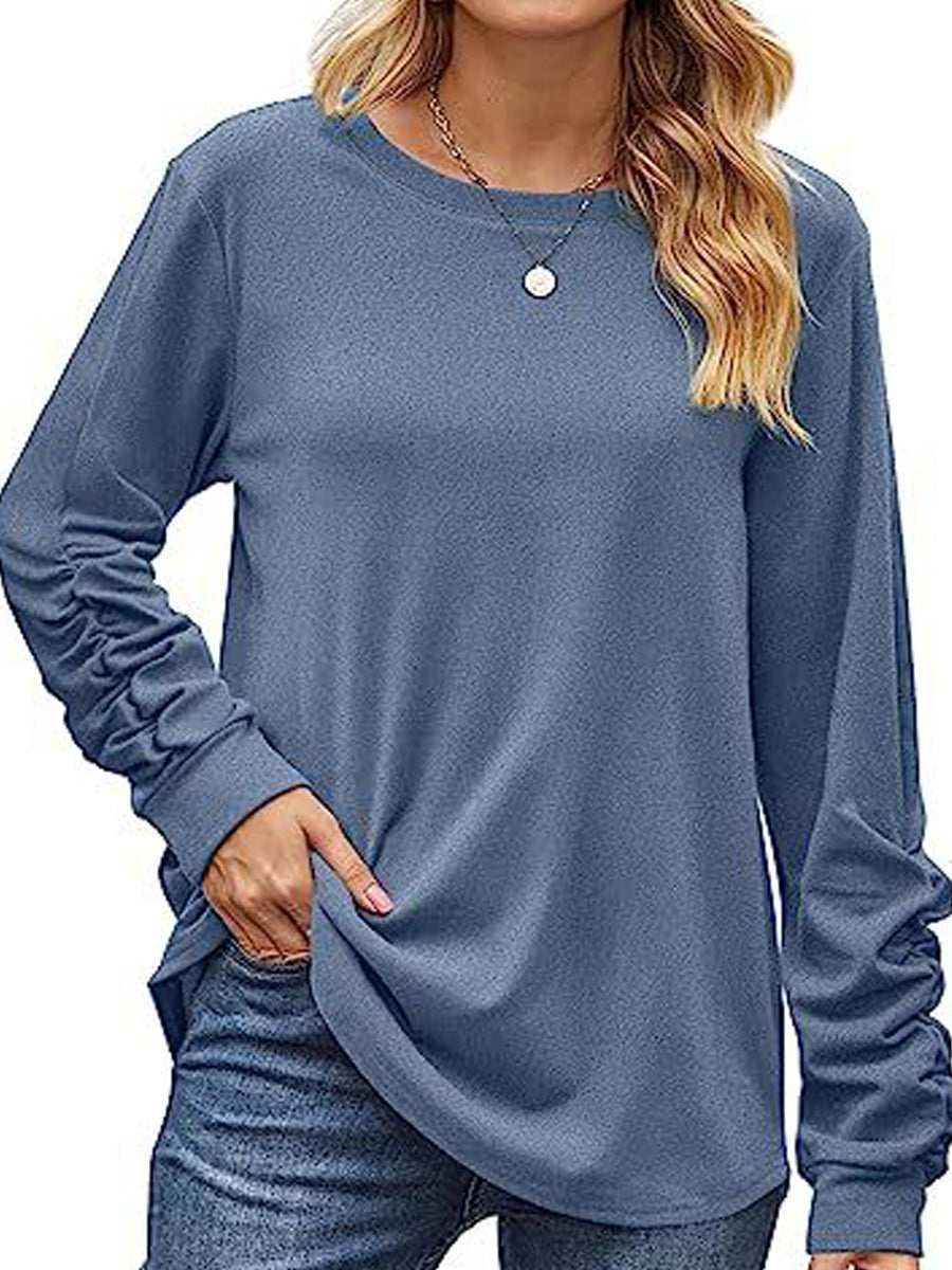 T-Shirts - Ruched Lightweight Crewneck Long Sleeve T-Shirt - MsDressly