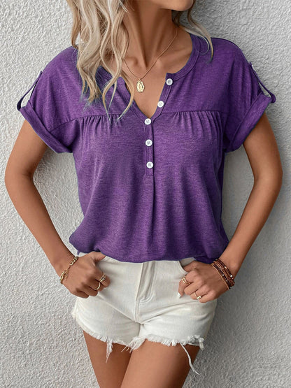 T-Shirts - Solid Color With Button Accents Elegant And Tempting Style T Shirt - MsDressly