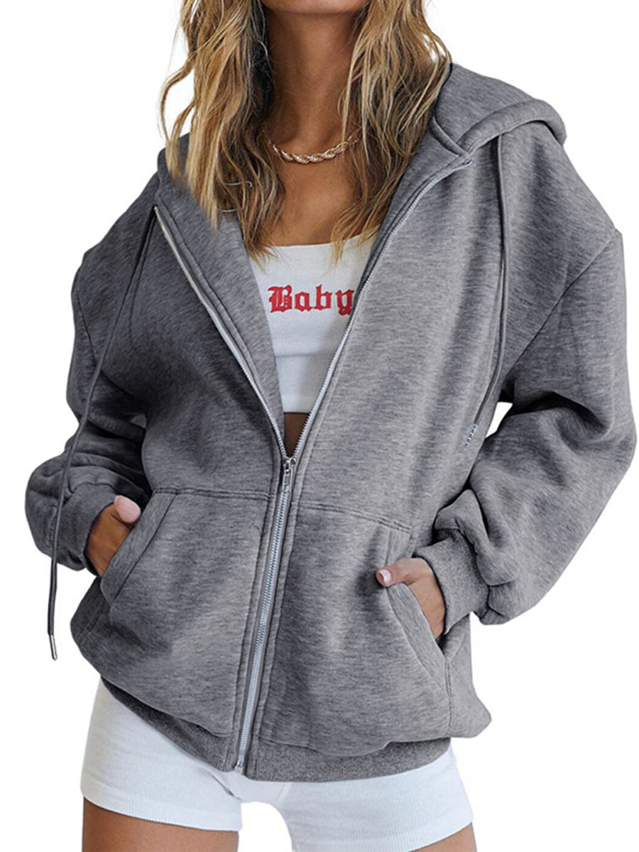 Zip Up Oversized Cute Casual Drawstring With Pockets Hoodie