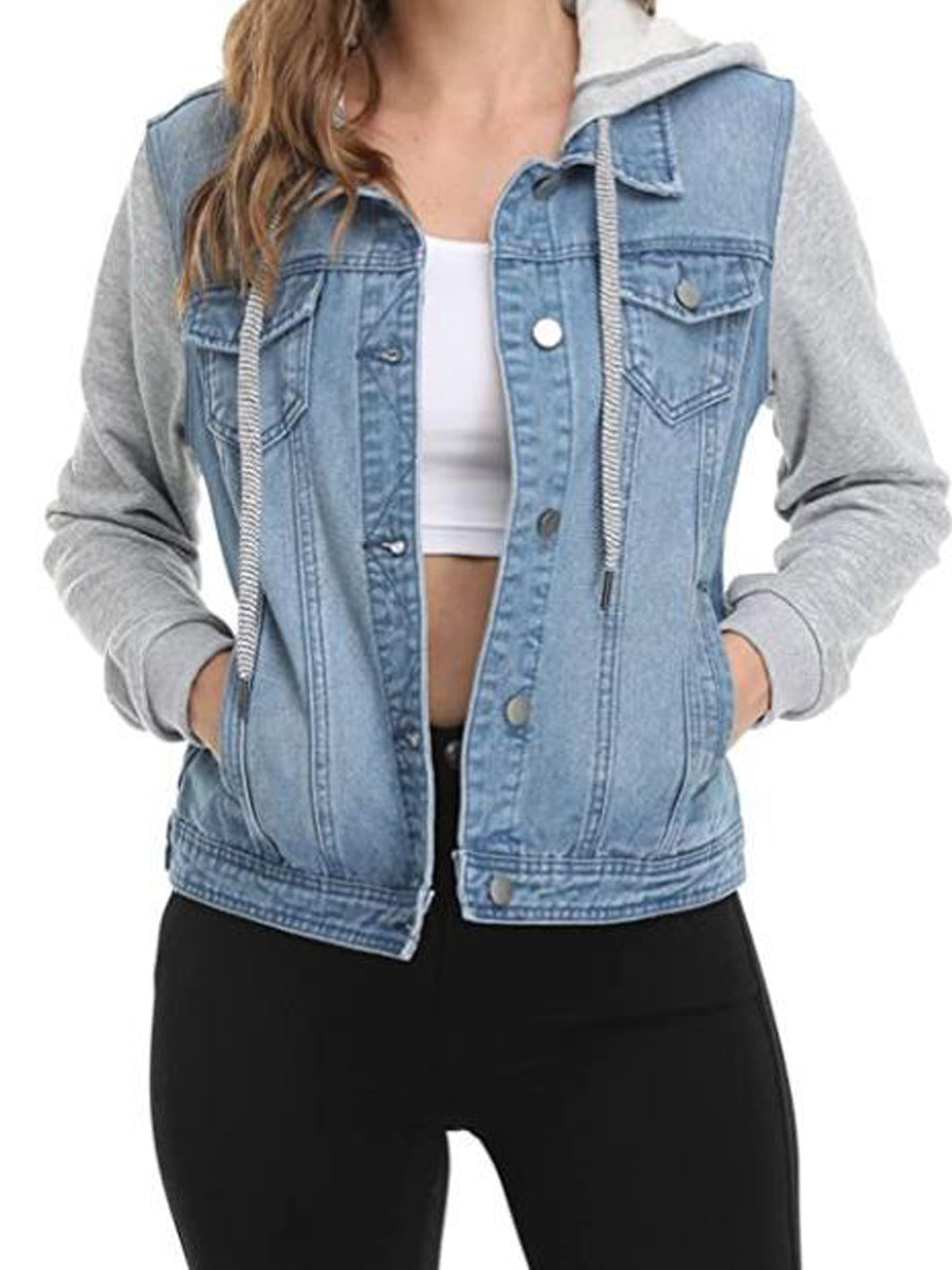 Jackets - Layered Drawstring Hood Denim Jacket - MsDressly