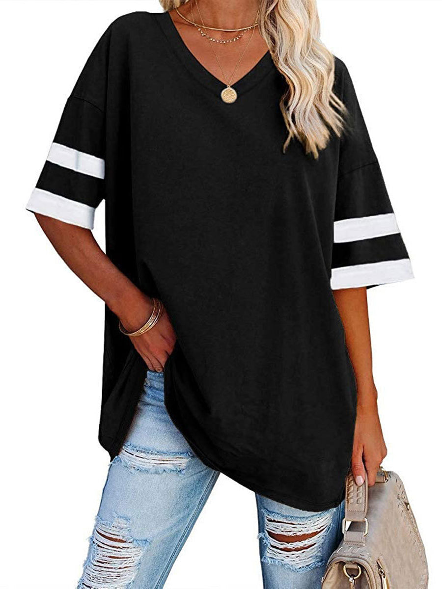 T-Shirts - Oversized Tees Loose Color Block Crew Neck Half Sleeve T Shirt - MsDressly