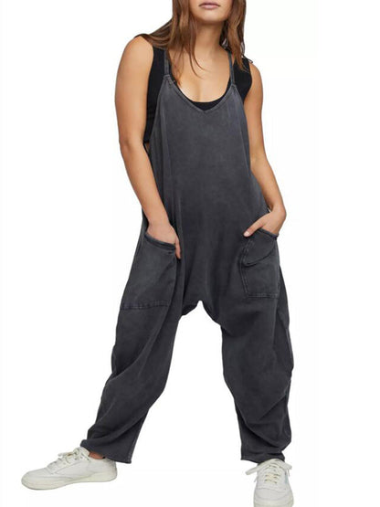 Jumpsuits - Casual Pocket V Neck Solid Color Jumpsuit - MsDressly