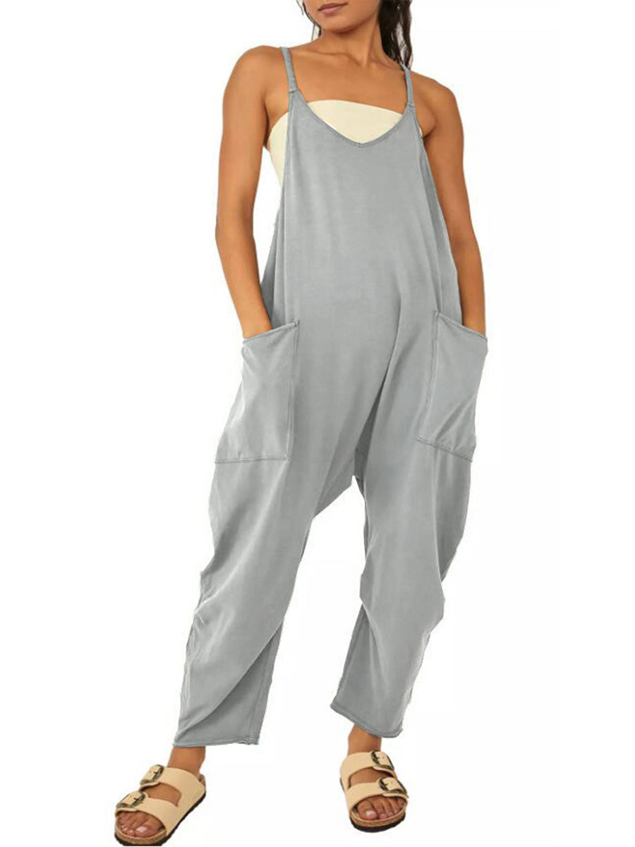 Jumpsuits - Casual Pocket V Neck Solid Color Jumpsuit - MsDressly