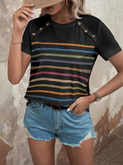 T-Shirts - Stripe Stitching Button Print Casual Short Sleeve T-Shirt - MsDressly