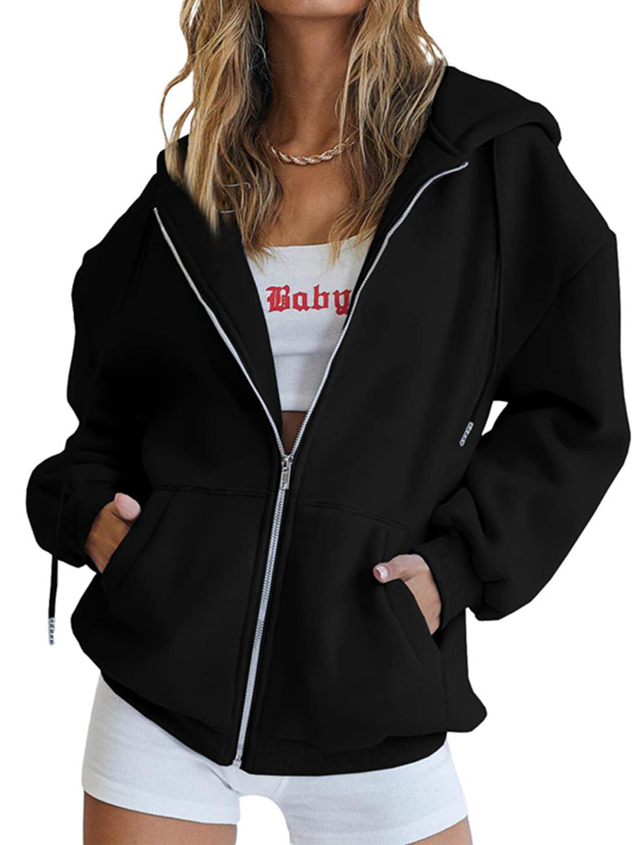 Hoodies - Zip Up Oversized Cute Casual Drawstring With Pockets Hoodie - MsDressly