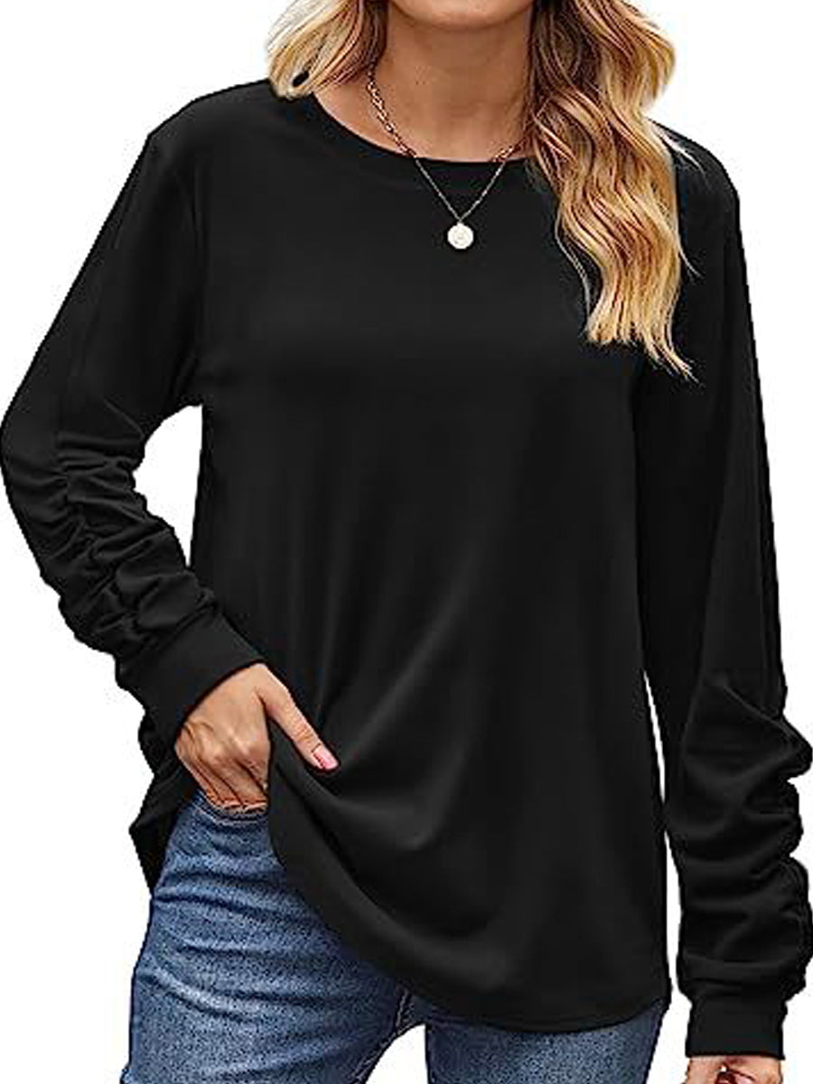 T-Shirts - Ruched Lightweight Crewneck Long Sleeve T-Shirt - MsDressly