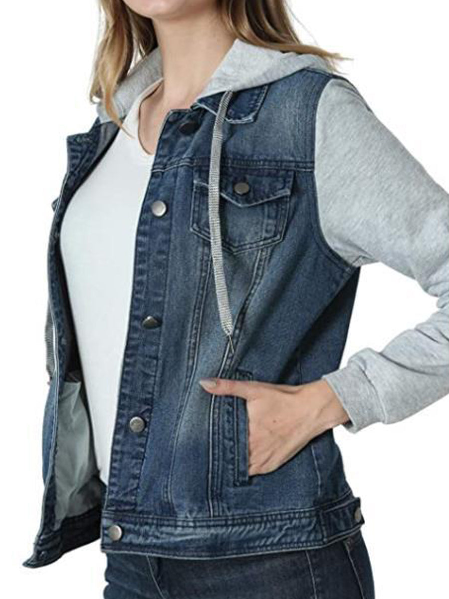 Jackets - Layered Drawstring Hood Denim Jacket - MsDressly