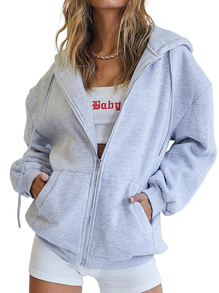 Hoodies - Zip Up Oversized Cute Casual Drawstring With Pockets Hoodie - MsDressly