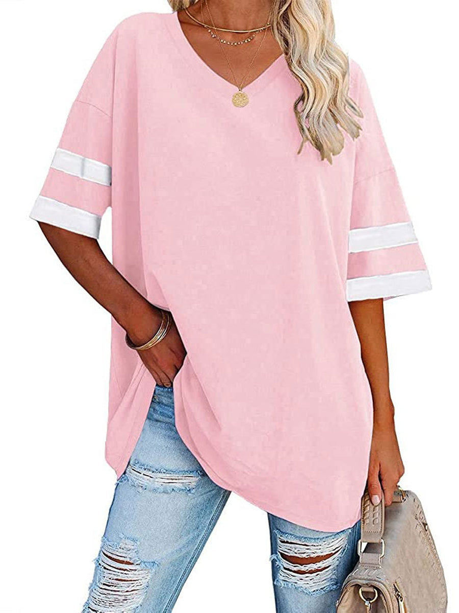 T-Shirts - Oversized Tees Loose Color Block Crew Neck Half Sleeve T Shirt - MsDressly