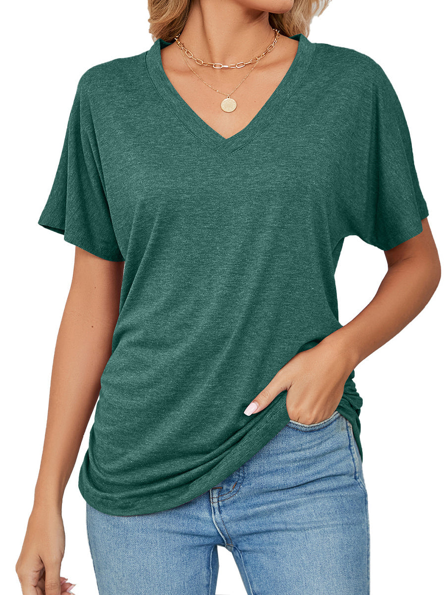 T-Shirts - Casual V Neck Short Sleeve Solid Color Basic T-Shirt - MsDressly