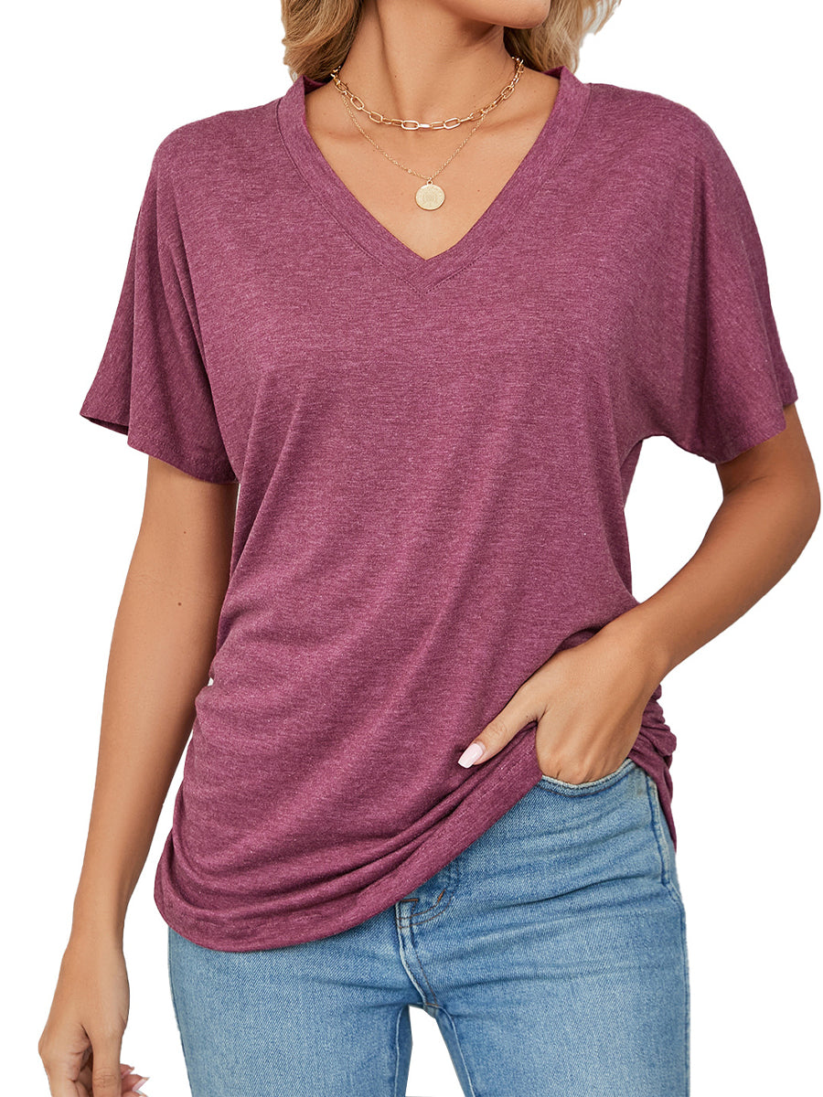 T-Shirts - Casual V Neck Short Sleeve Solid Color Basic T-Shirt - MsDressly