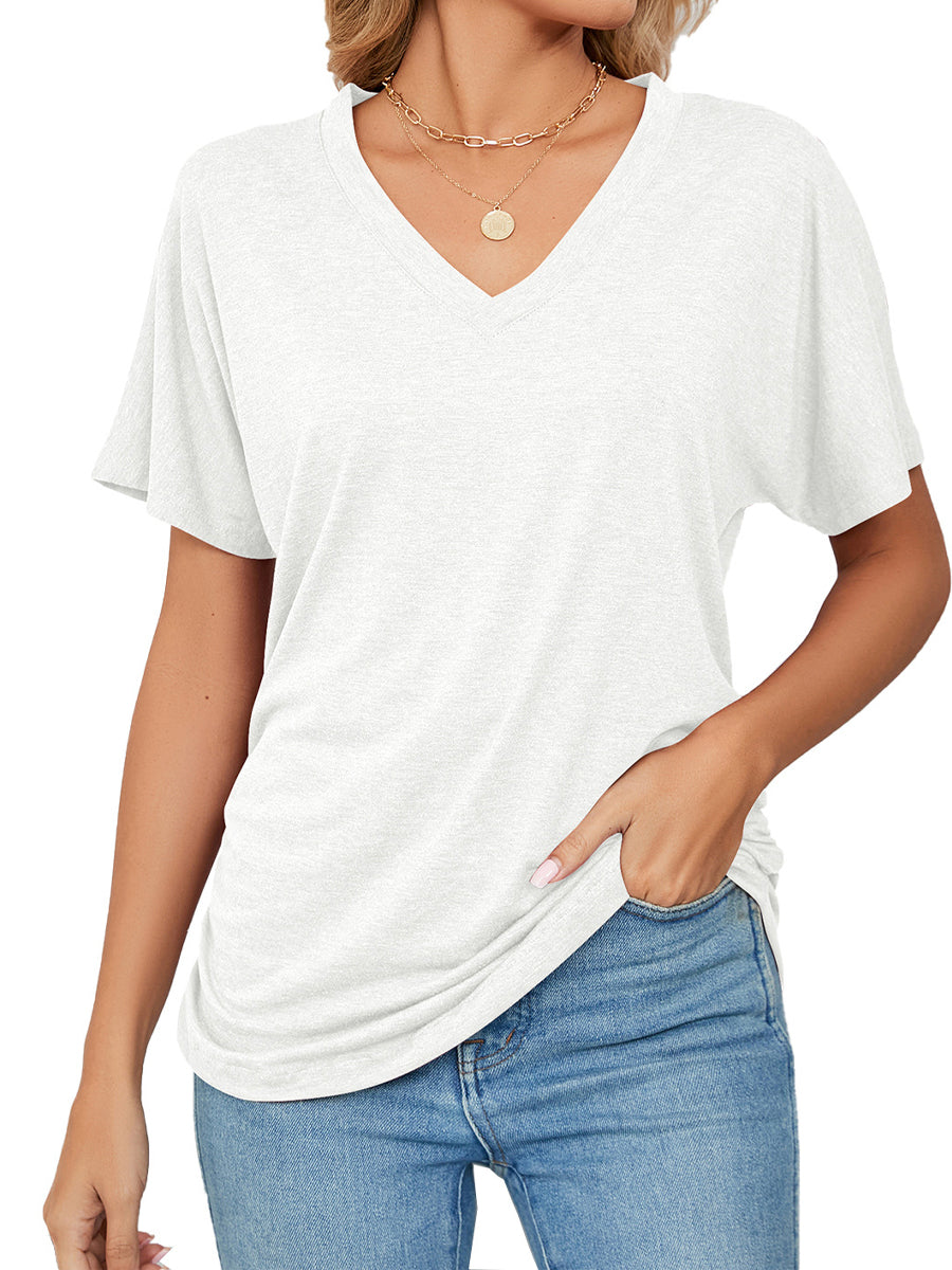 T-Shirts - Casual V Neck Short Sleeve Solid Color Basic T-Shirt - MsDressly