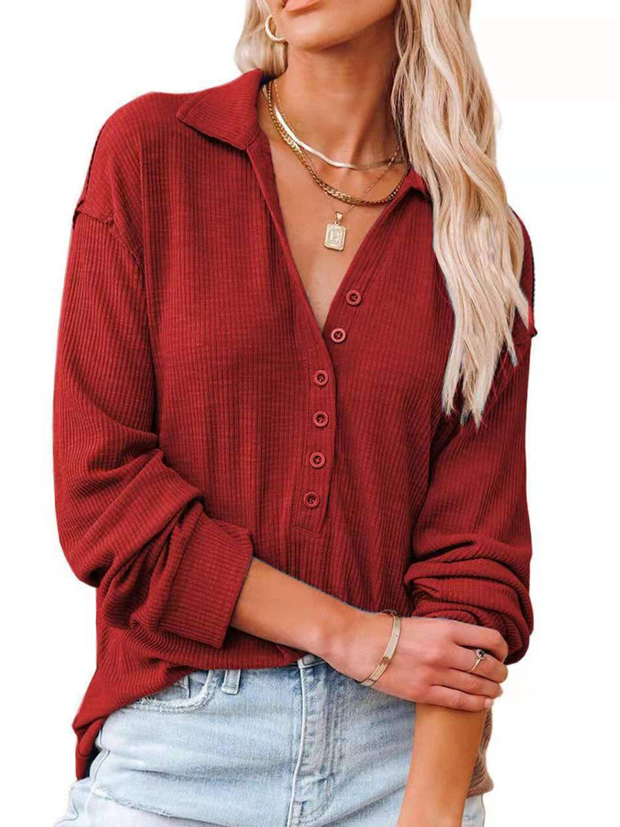 T-Shirts - Solid Long-Sleeved V-Neck Button T-Shirt - MsDressly