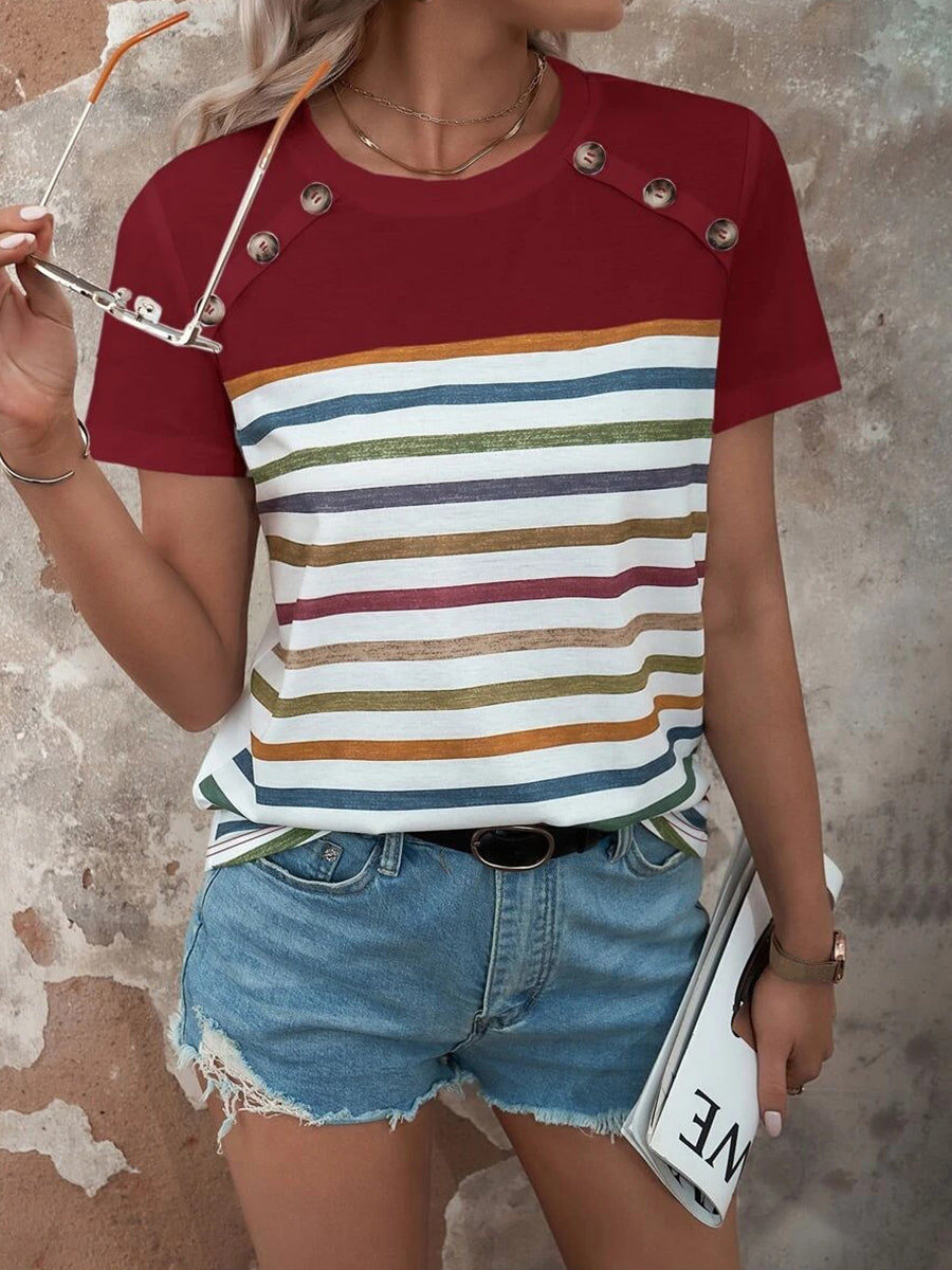 T-Shirts - Stripe Stitching Button Print Casual Short Sleeve T-Shirt - MsDressly