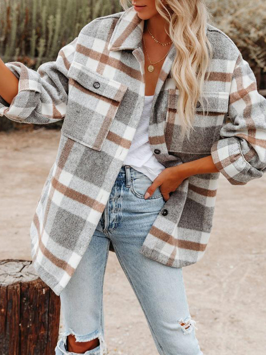 Coats - Loose Plaid Flannel Wool Lapel Coat - MsDressly