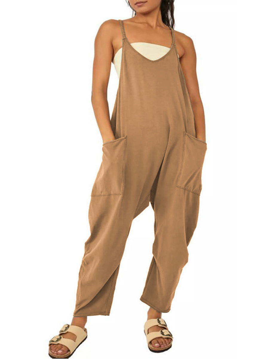 Jumpsuits - Casual Pocket V Neck Solid Color Jumpsuit - MsDressly