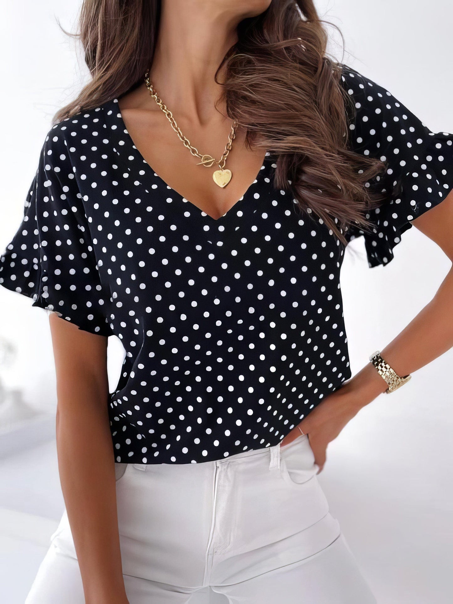 Polka Dot V-Neck Short Sleeve Tee