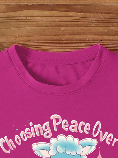 Alpaca Graphic Pink 'Peace Over Pettiness' Print T-shirt Short Sleeve Crew Neck Casual Top For Summer&Spring Women's Clothing