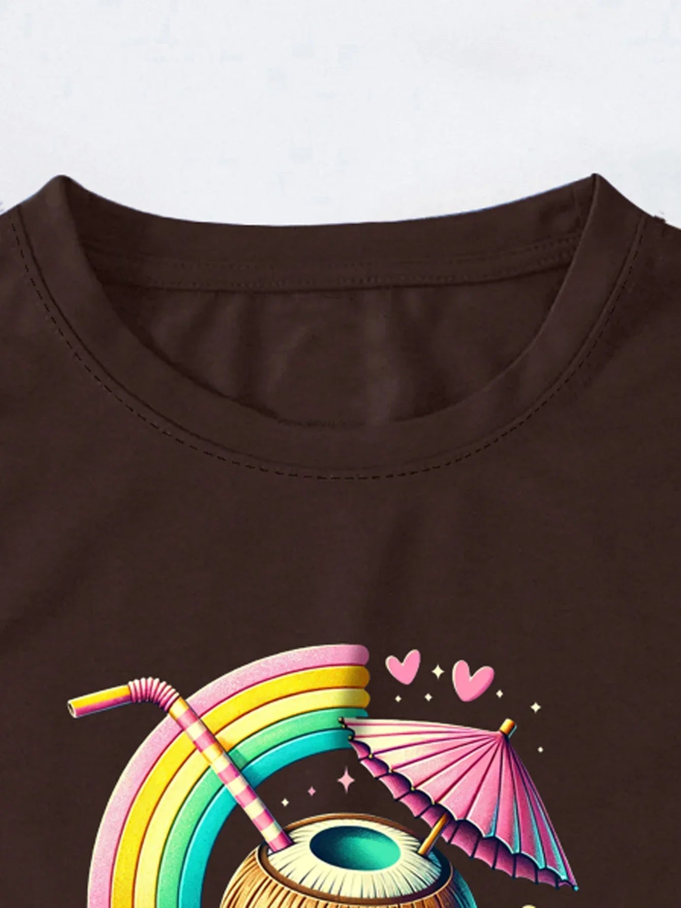 Women's Retro Cute Holiday Style T-Shirt, Rainbow and Coconut Print, Short Sleeve Crew Neck Casual Top for Summer and Spring