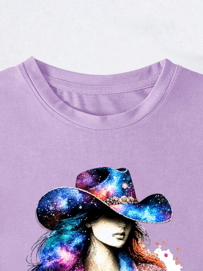 Women's Retro Starry Sky Style Wearing Hat Print T-shirt, Short Sleeve Crew Neck Casual Top for Summer&Spring, Women's Clothing