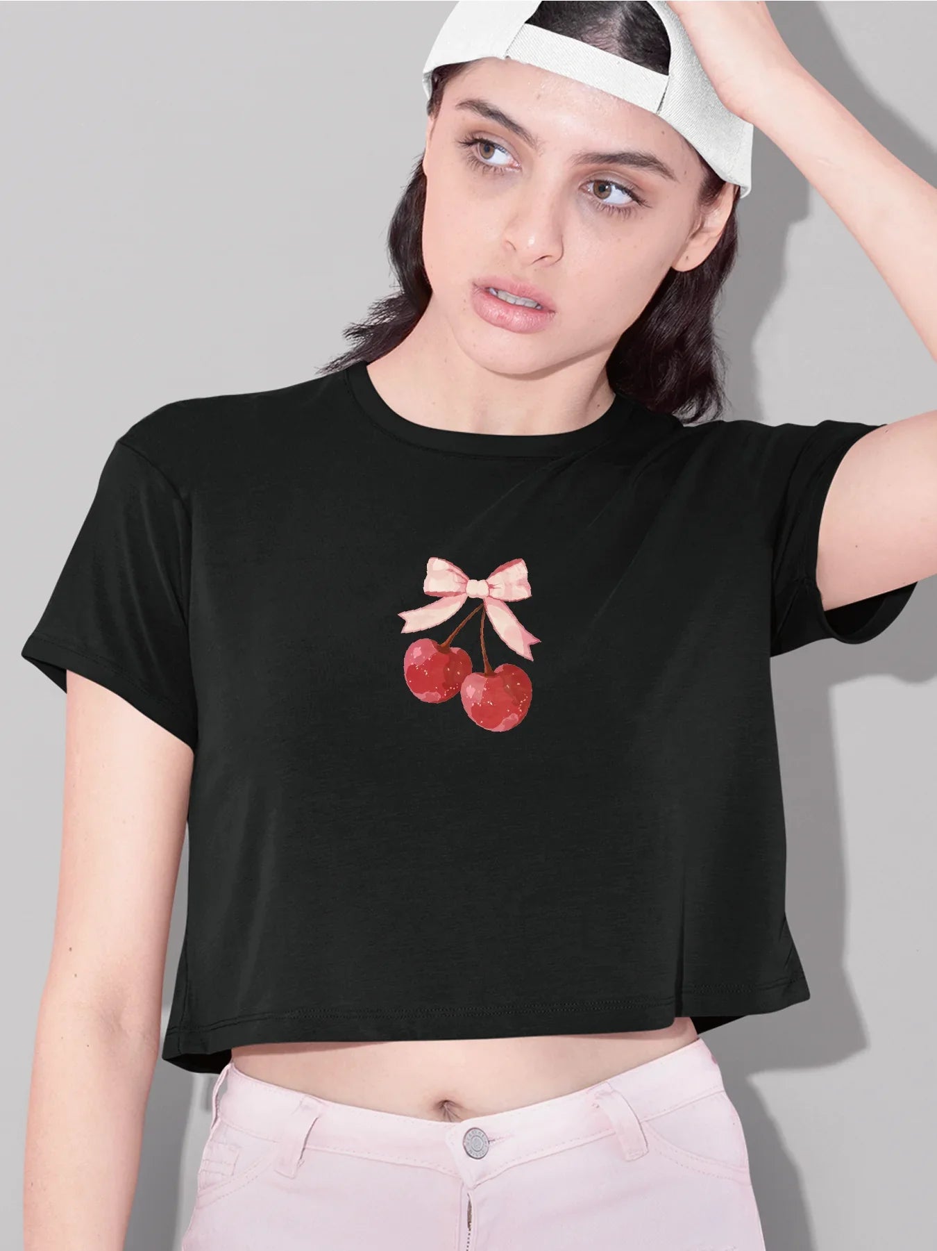 Adorable Cherry And Bow Design Print Crew Neck Crop T-Shirts Casual Short Sleeve Top For Spring & Summer Women's Clothing