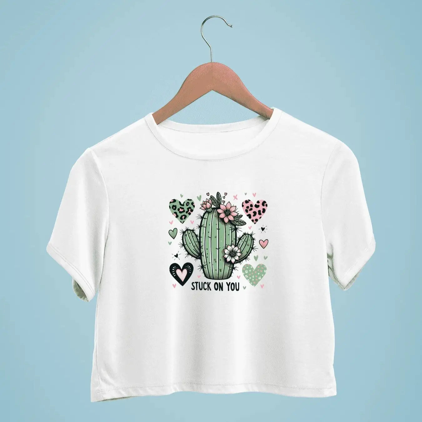 Adorable Cactus Hearts And Flowers Print Crew Neck Crop T-Shirts Casual Short Sleeve Top For Spring & Summer Women's Clothing