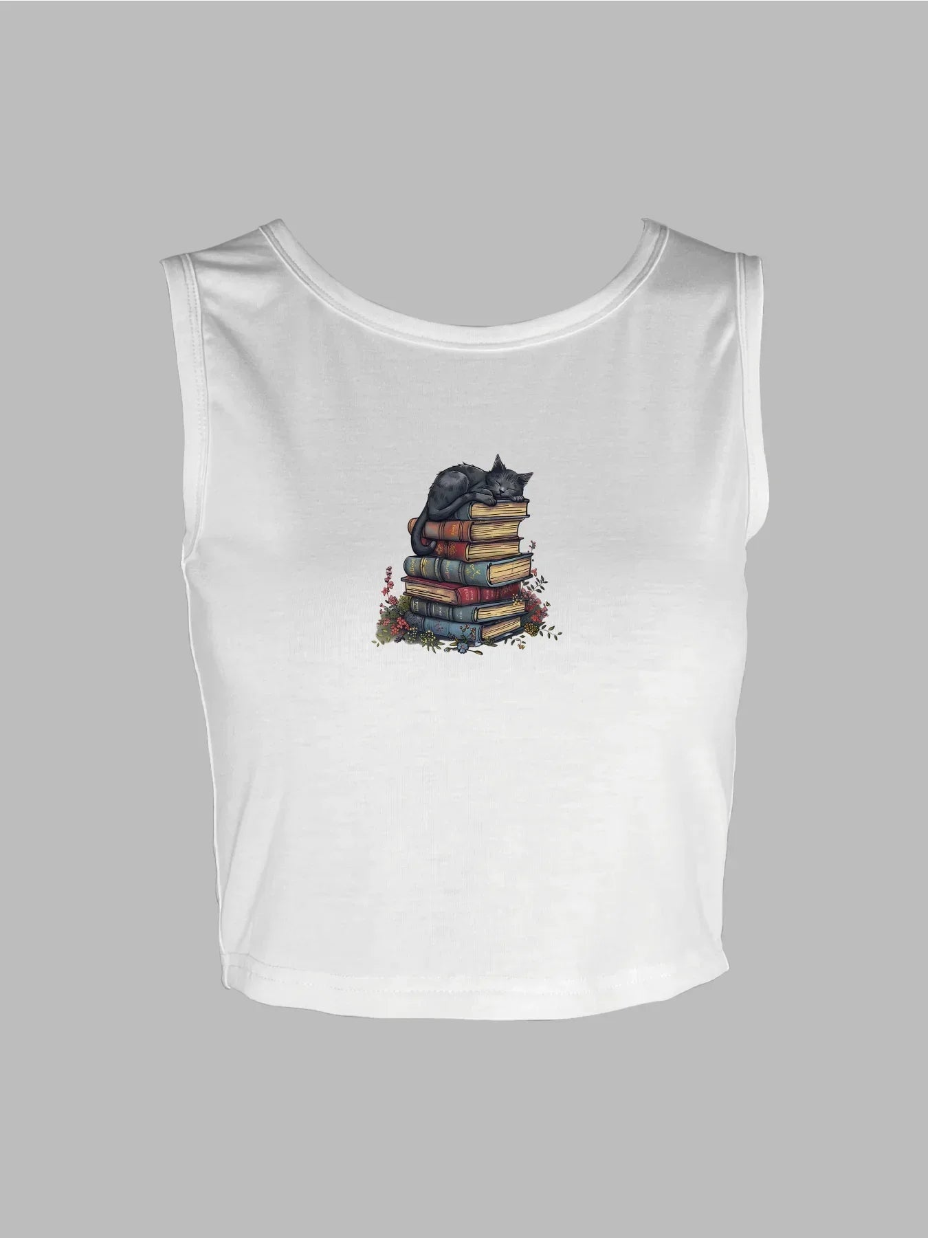 Adorable Cat Napping On Books Graphic Print Crop Tank Top, Sleeveless Casual Top For Summer & Spring, Women's Clothing