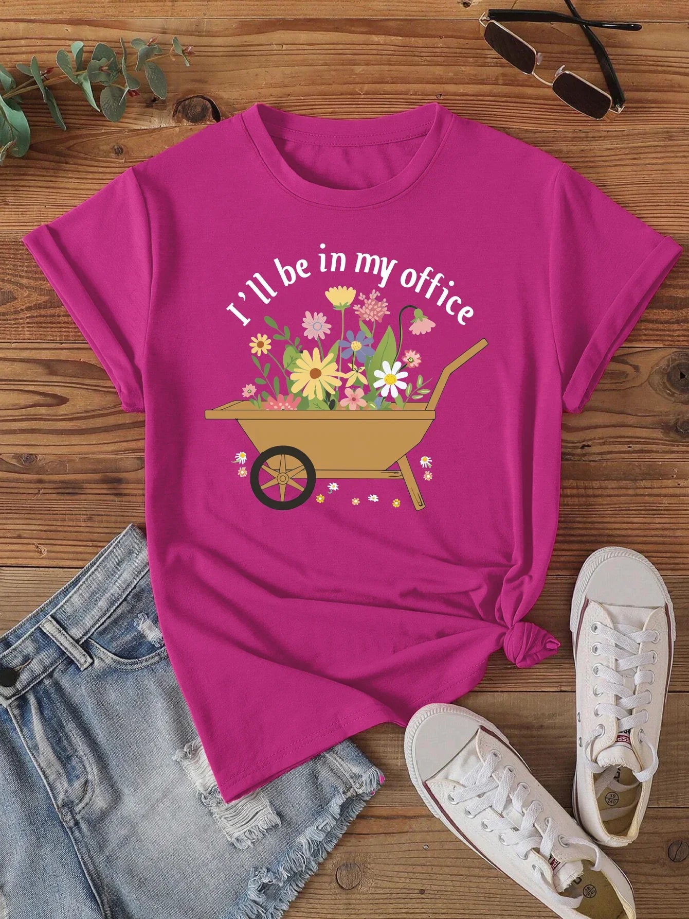 'I'll be in my office' Wheelbarrow Print T-shirt Short Sleeve Crew Neck Casual Top For Summer & Spring Women's Clothing