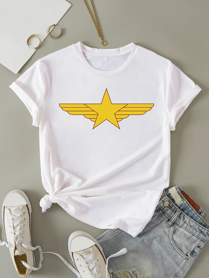 Youthful Classic Golden Star and Wings Print T-shirt Short Sleeve Crew Neck Casual Top For Summer & Spring Women's Clothing