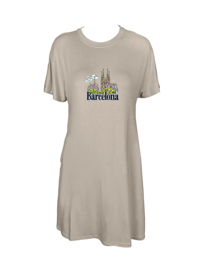 Barcelona Skyline With Bold Barcelona Print Crew Neck Tee Dress Casual Short Sleeve Dress For Spring & Summer Women's Clothing